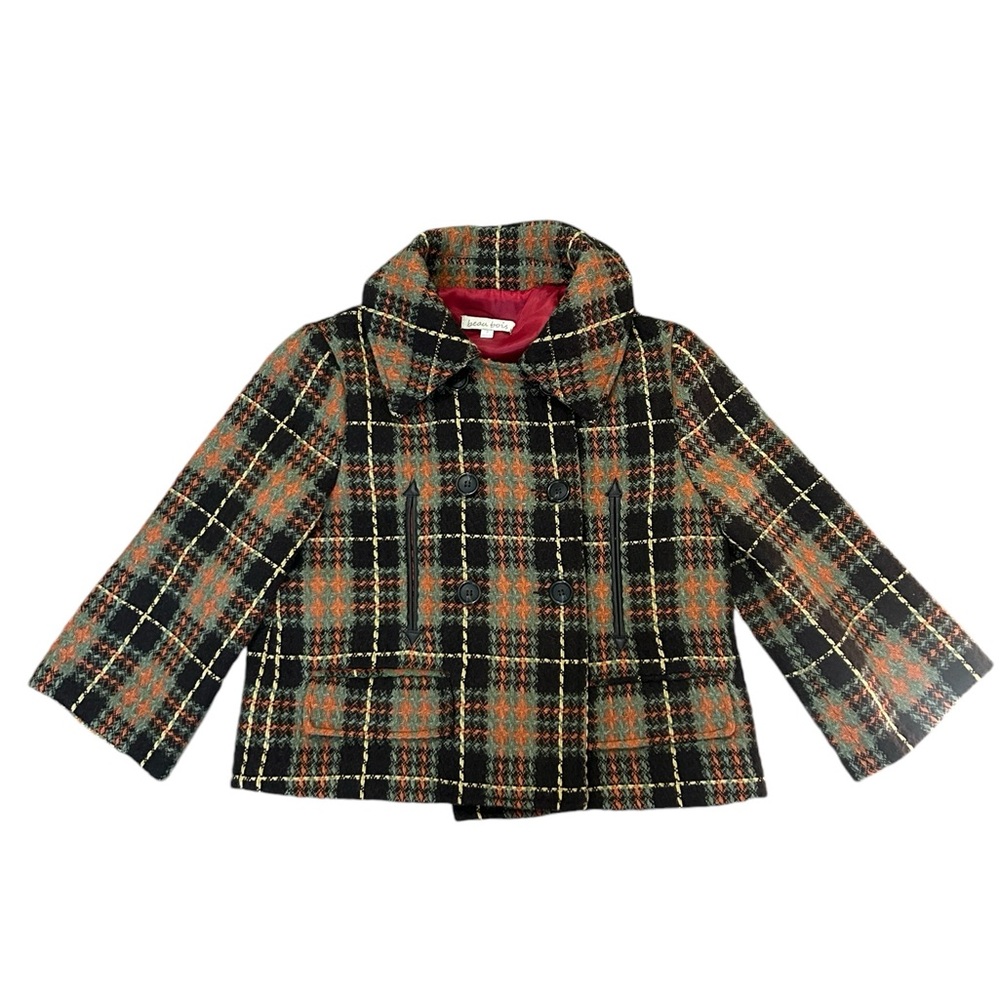 Vintage Beau Bois Wool Blazer Plaid Orange Brown Leather Trim 3/4 Sleeve Size S